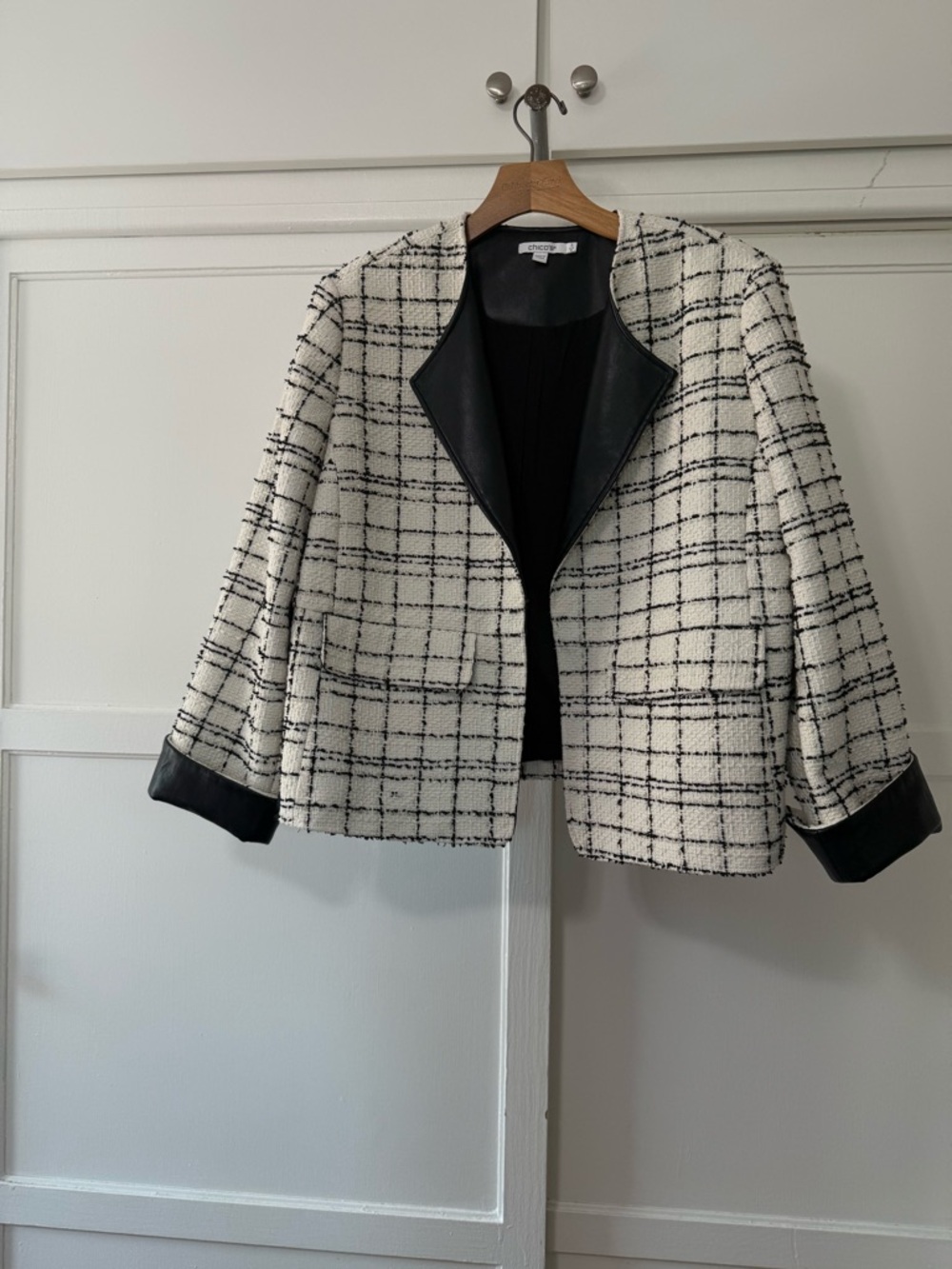 Chico's Black & White Tweed Jacket with Faux Leather Trim